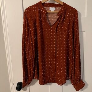 Liz Claiborne Brown Rust Blouse with White Dots Womens Medium Long Sleeve Flowy